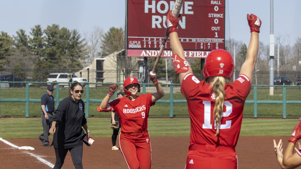 Freshman Taryn Kern heads to home plate after hitting the game winning homerun March 6, 2023, at Andy Mohr Feild. The Hoosier beat IUPUI 10-2.