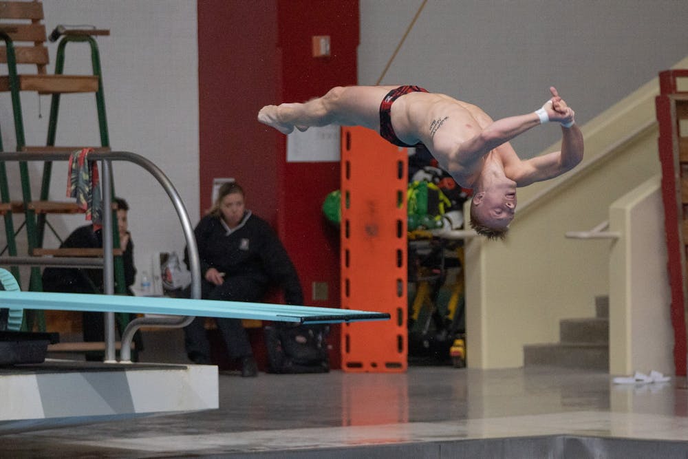 <p>Graduate diver Andrew Capobianco completes a dive on March 9, 2023, during the NCAA Zone C men&#x27;s diving championship at the Councilman-Billingsley Aquatics Center. Capobianco will compete in the 1-meter springboard, 3-meter springboard and platform diving events at the NCAA Championships this weekend.</p>
