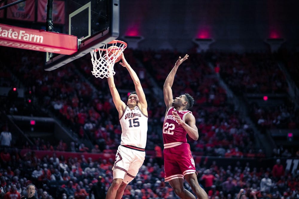 <p>Sophomore forward Jordan Geronimo looks to block a dunk Jan. 19, 2023, at the State Farm Center in Champaign, Illinois. Geronimo entered the transfer portal Wednesday.</p>
