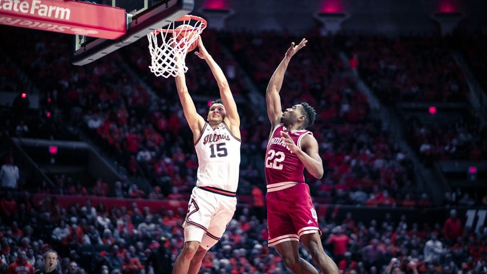 Sophomore forward Jordan Geronimo looks to block a dunk Jan. 19, 2023, at the State Farm Center in Champaign, Illinois. Geronimo entered the transfer portal Wednesday.