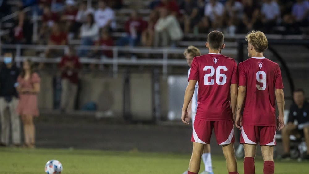 Sophomore forward Nate Ward and freshman forward Samuel Sarver stand ready to block a free kick Sept. 3, 2021, at Bill Armstrong Stadium in Bloomington. Indiana men's soccer fell to the No. 2 University of Washington in the Sweet 16 of the NCAA Tournament on Saturday in Seattle. 