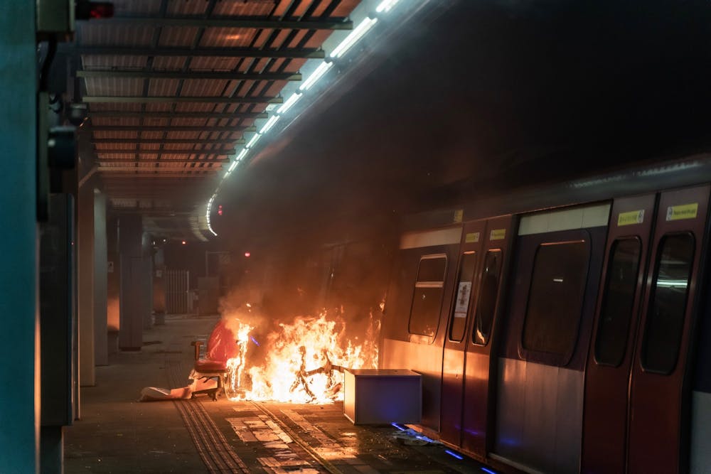 A fire is seen at an MTR station Nov. 13 during a demonstration at the Chinese University of Hong Kong in Hong Kong, China. 