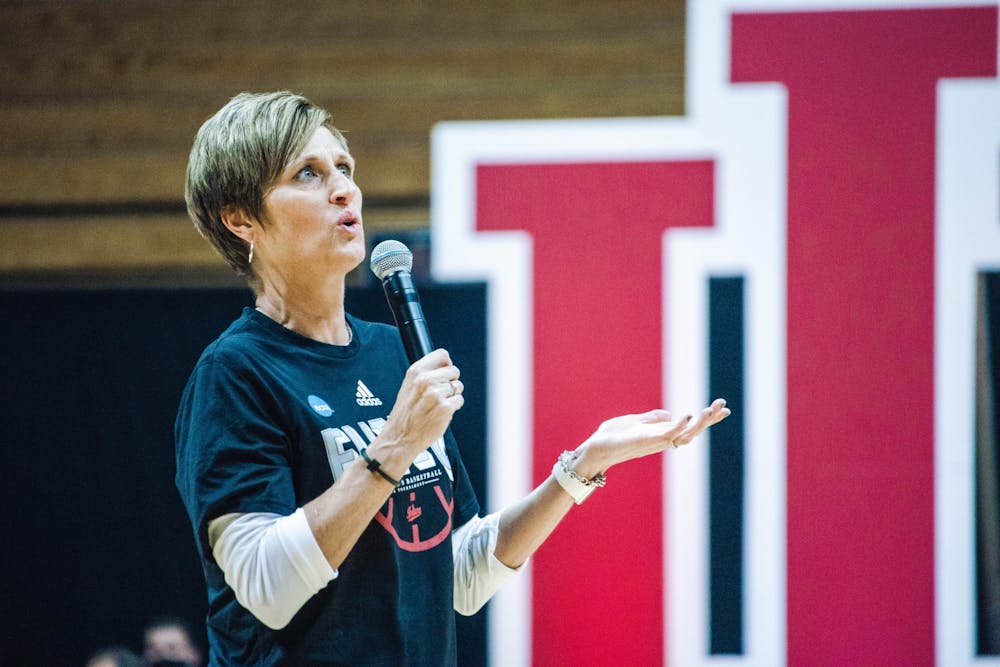 <p>Indiana women&#x27;s basketball head coach Teri Moren speaks to the crowd at Hoosier Hysteria on Oct. 2, 2021, at Simon Skjodt Assembly Hall. Indiana plays Bowling Green on Thursday in its fourth game of the season.</p>