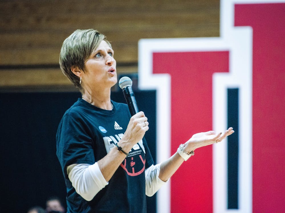 Indiana women&#x27;s basketball head coach Teri Moren speaks to the crowd at Hoosier Hysteria on Oct. 2, 2021, at Simon Skjodt Assembly Hall. Indiana plays Bowling Green on Thursday in its fourth game of the season.