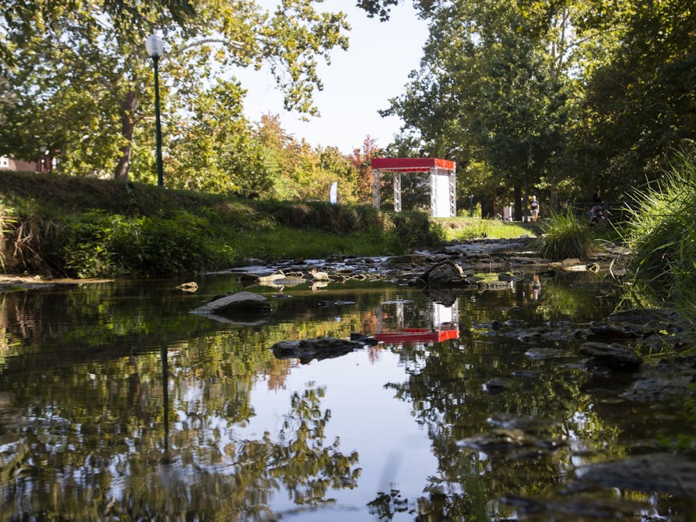 Water flows between the rocks in the Campus River on Sept. 24, 2020. IU’s Environmental Resilience Institute received a 2021 Governor’s Award for Environmental Excellence for environmental outreach and education.