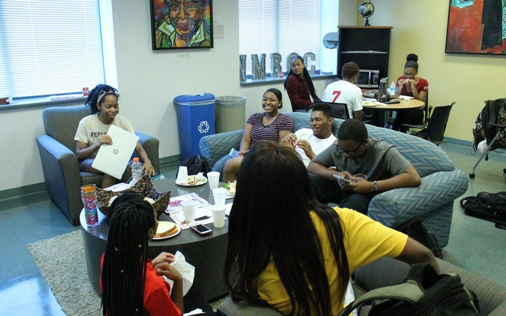A group of students gather at the NMBCC Wednesday afternoon to eat lunch.
