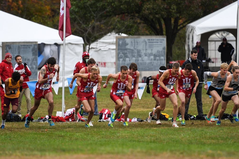 <p>Indiana men&#x27;s cross country runners start a race at the Big Ten Cross Country Championships on Oct. 28, 2018, in Lincoln, Nebraska. Indiana cross country placed third in the women’s 6K and fifth in the men’s 8K at the Coaching Tree Invitational.</p>
