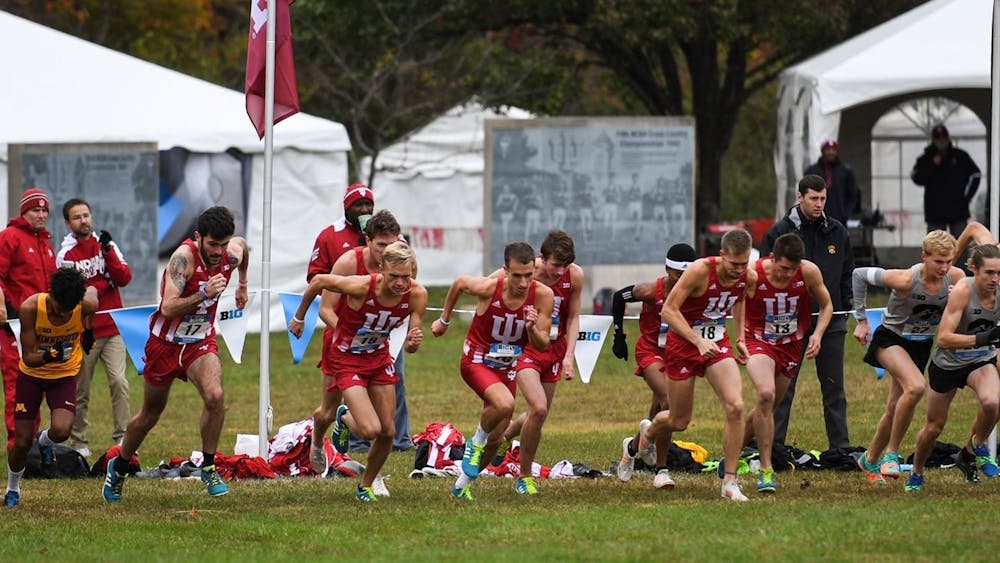 Indiana men&#x27;s cross country runners start a race at the Big Ten Cross Country Championships on Oct. 28, 2018, in Lincoln, Nebraska. Indiana cross country placed third in the women’s 6K and fifth in the men’s 8K at the Coaching Tree Invitational.