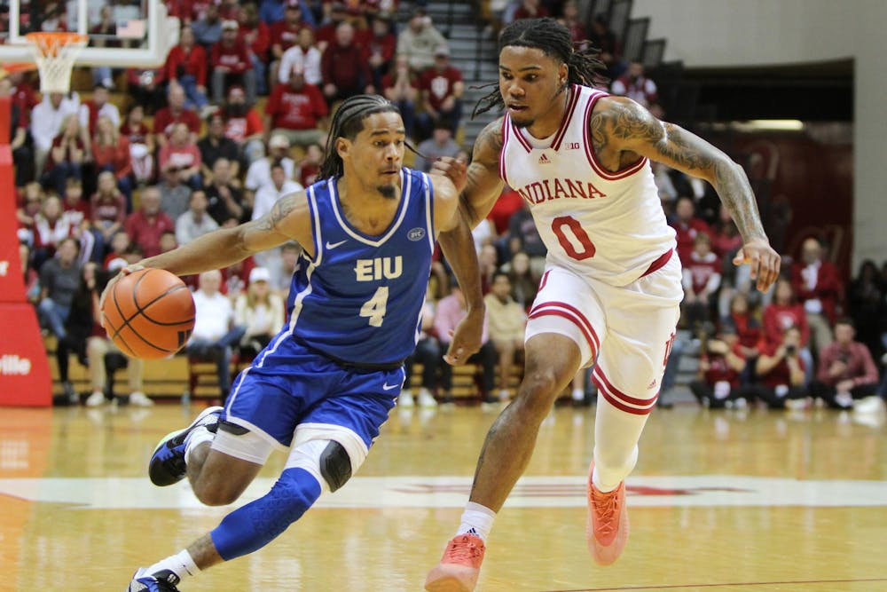 Redshirt freshman Guard Jakai Newton defends Easter Illinois University player in the match up on Sunday Nov. 10, 2024 at Simon Skjodt Assembly Hall in Bloomington. Newton recently returned to play for the Hoosier after an injury.