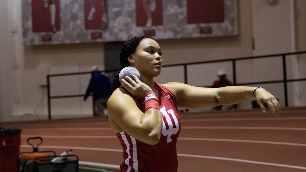 Freshman Jayden Ulrich competes in the shot put event at the Hoosier Hills meet Feb. 11, 2022, at the Harry Gladstein Fieldhouse. Indiana women’s track and field finished tenth in Big Ten Championships this weekend. 