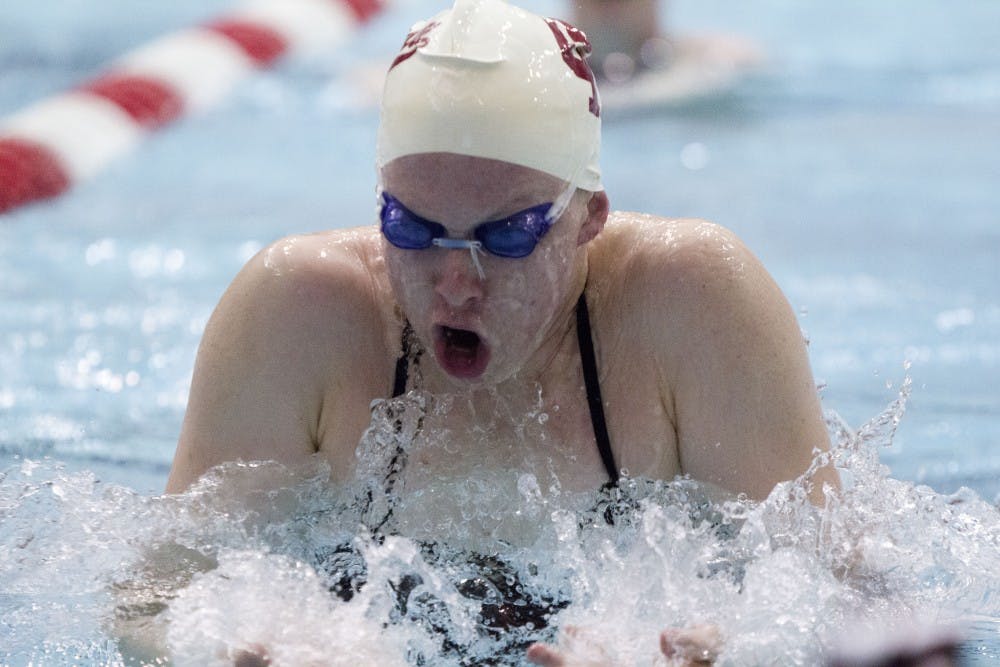 <p>Then-freshman, now senior, Lilly King practices Dec. 7, 2015, in the Counsilman-Bilingsley Aquatic Center. King will be on the Big Ten team this weekend in the ACC/Big Ten Challenge.&nbsp;</p>