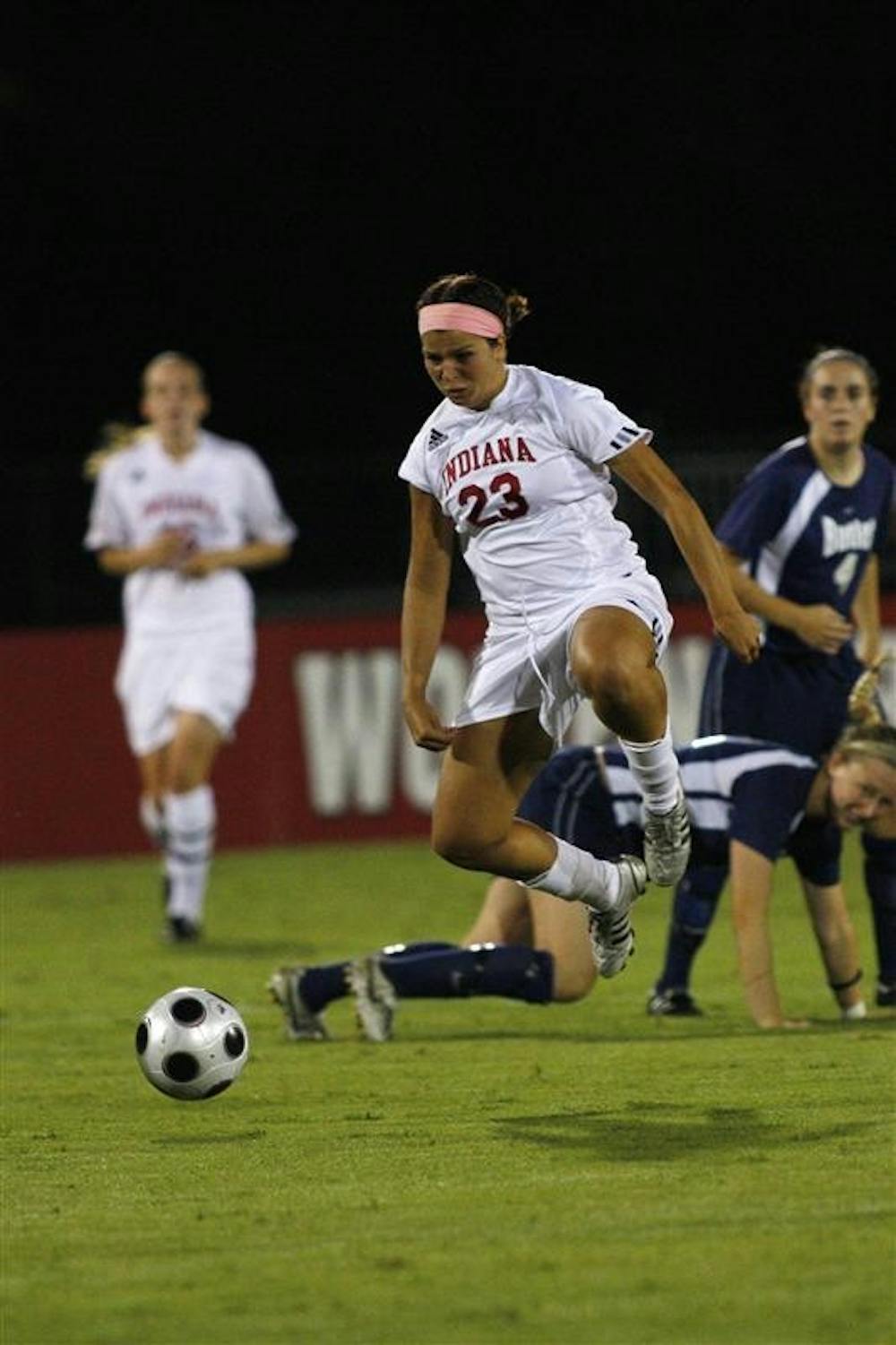 Junior Liz Holby plays the ball during a game verses Butler on Thursday night at Bill Armstrong Stadium. IU lost 2-1.