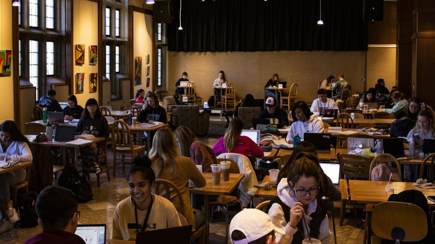 IU students study in the seating area across Starbucks on Oct. 27 in the Indiana Memorial Union. Senior Dhruv Kapoor performed Friday during the Noon Concert Series. 