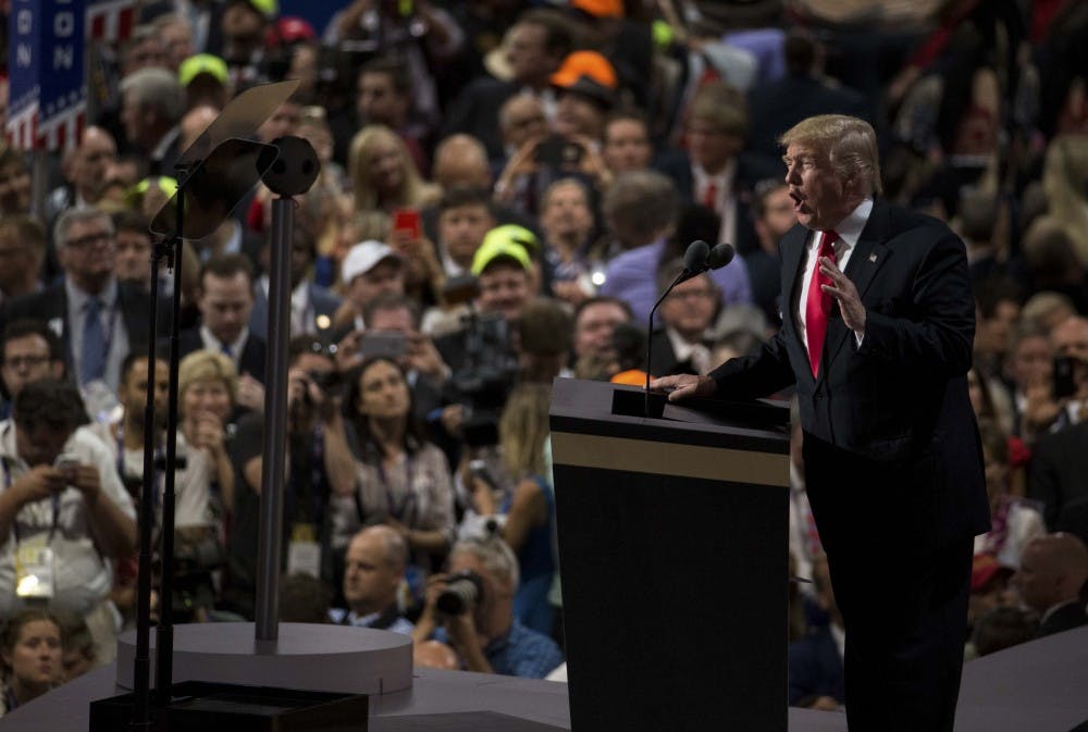 Republican presidential nominee Donald Trump speaks to the audience Thursday evening at the Quicken Loans Arena in Cleaveland, Ohio  during his speech accpeting the Republican presidential nomination.