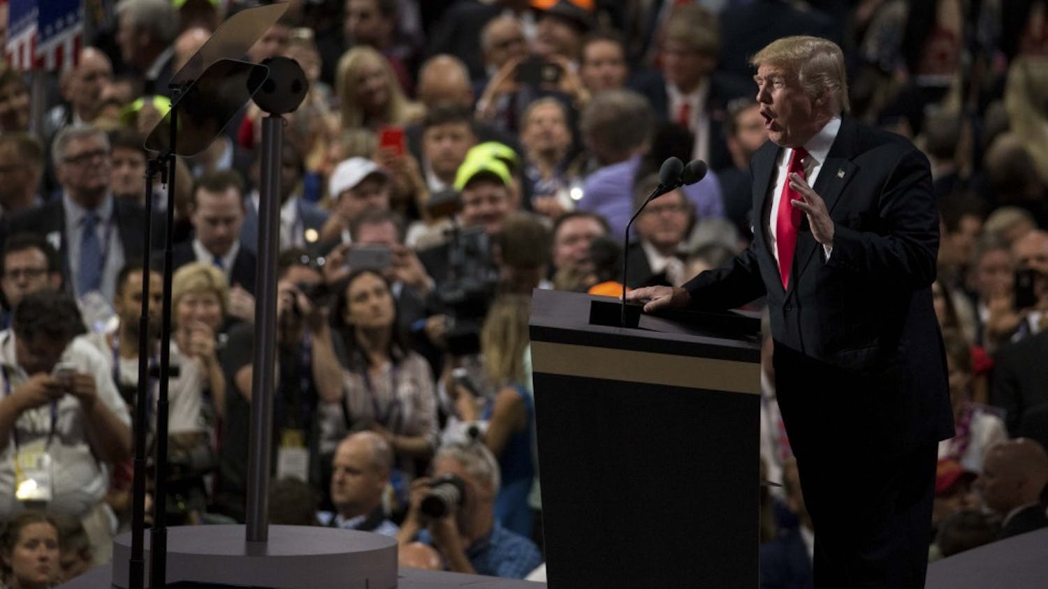 Republican presidential nominee Donald Trump speaks to the audience Thursday evening at the Quicken Loans Arena in Cleaveland, Ohio during his speech accpeting the Republican presidential nomination.
