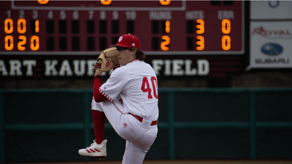 Freshman right-handed pitcher Ethan Phillips ﻿prepares to pitch the ball March 21, 2023, at Bart Kaufman Field in Bloomington. Phillips and freshman Tyler Cerny earned Big Ten weekly awards on Monday.