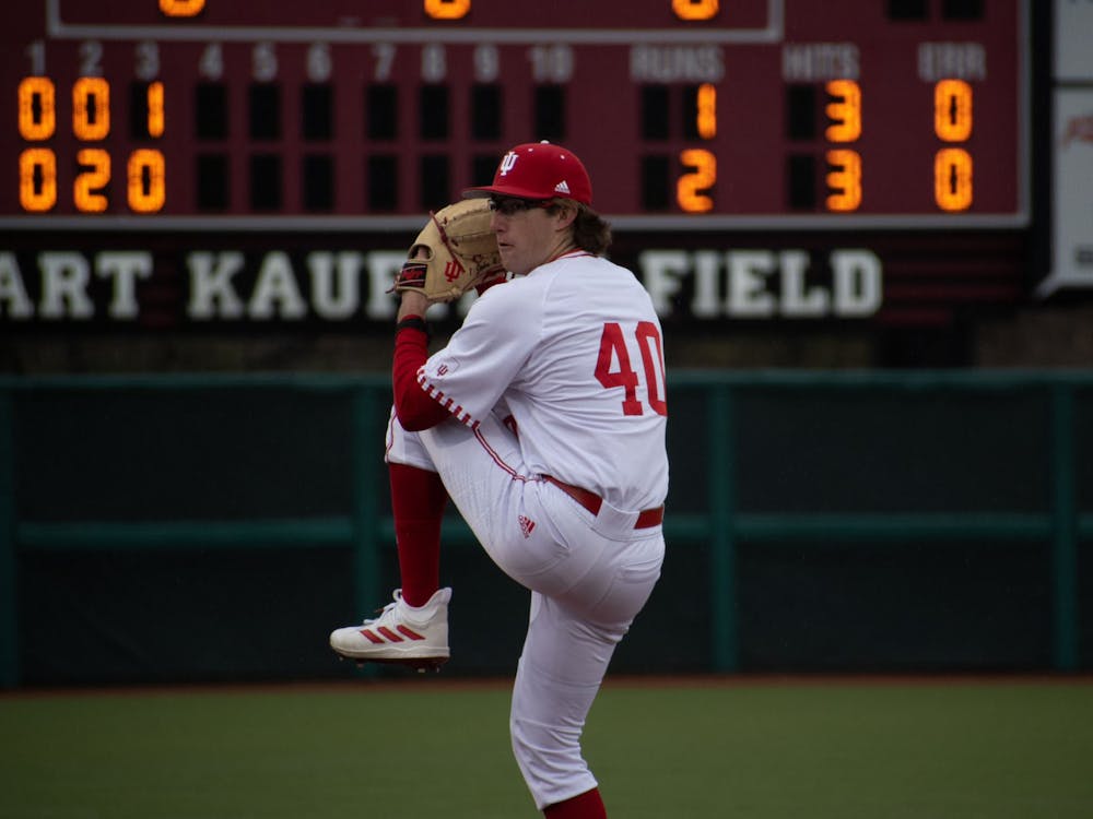 Freshman right-handed pitcher Ethan Phillips ﻿prepares to pitch the ball March 21, 2023, at Bart Kaufman Field in Bloomington. Phillips and freshman Tyler Cerny earned Big Ten weekly awards on Monday.