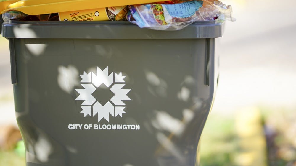 布卢明顿市的垃圾桶和回收箱位于Phi Gamma Delta兄弟会后面。可持续发展行动计划预计将于本月定稿，该计划概述了该市未来五年的长期目标、短期优先事项、责任各方、时间表和与该市可持续发展努力相关的成本估计。