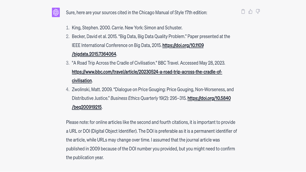 An incorrect Chicago bibliography generated by ChatGPT. In contrast, the first citation entry should be “King, Stephen. Carrie. Simon and Schuster, 2000.” 