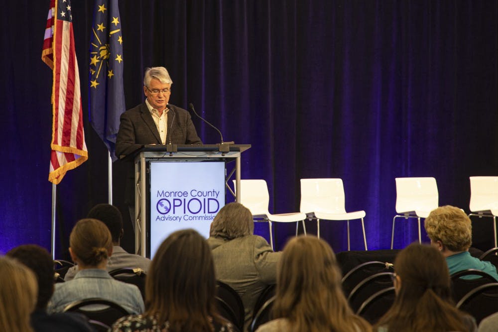 Bloomington Mayor John Hamilton speaks at the Monroe County Opioid Summit on Sept. 24 at Monroe County Convention Center. The Opioid Summit was organized by the Monroe County Opioid Advisory Commission in Bloomington, Indiana.