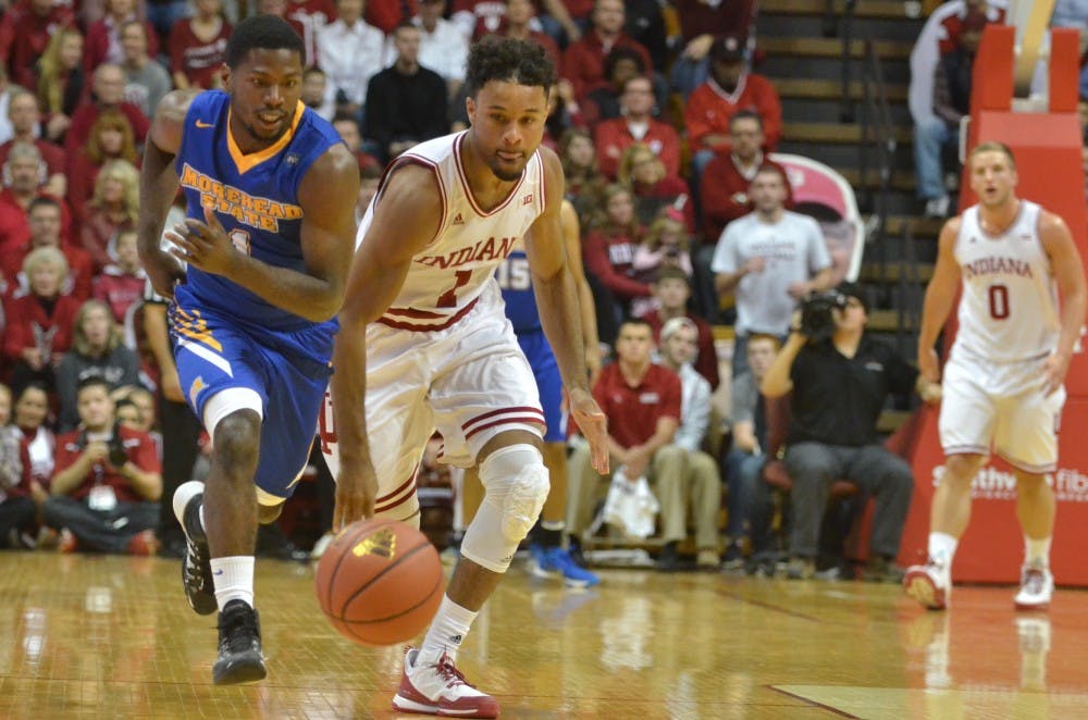 Sophomore guard James Blackmon Jr. steals the ball from Morehead State on Saturday at Assembly Hall. The Hoosiers won 92-59.