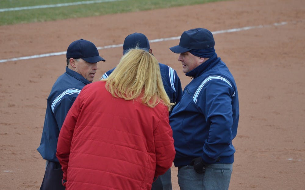 IU softball coach&nbsp;Michelle Gardner talks with the umpires during the Hoosiers' game against Bowling Green last Saturday. IU will welcome Rutgers to Bloomington for the Hoosiers' first Big Ten games this weekend.