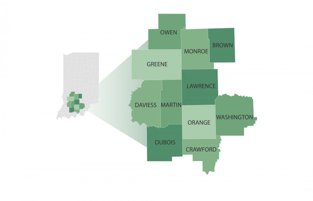 <p>A map shows the 11 counties of the Indiana Uplands region. IU’s School of Public Health, Center for Rural Engagement and Sustainable Food Systems Science will focus key projects in counties within the Indiana Uplands region.</p>