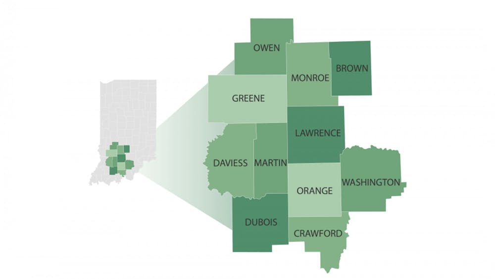 A map shows the 11 counties of the Indiana Uplands region. IU’s School of Public Health, Center for Rural Engagement and Sustainable Food Systems Science will focus key projects in counties within the Indiana Uplands region.