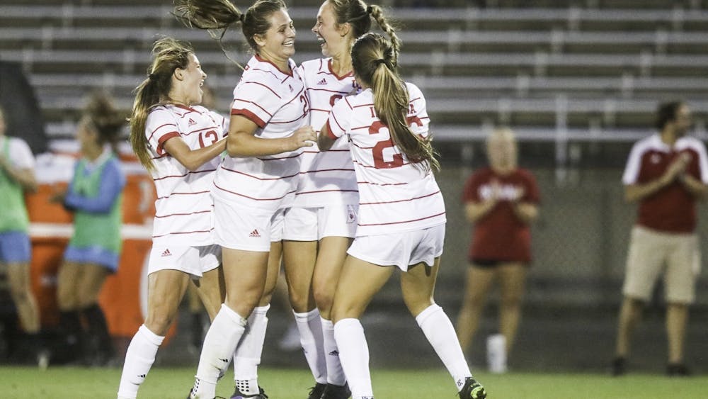 Indiana women&#x27;s soccer players celebrate Sept. 2, 2021, in Bill Armstrong Stadium after scoring. Shea O’Malley, University of Mississippi transfer, will join the Indiana women’s soccer team next season.