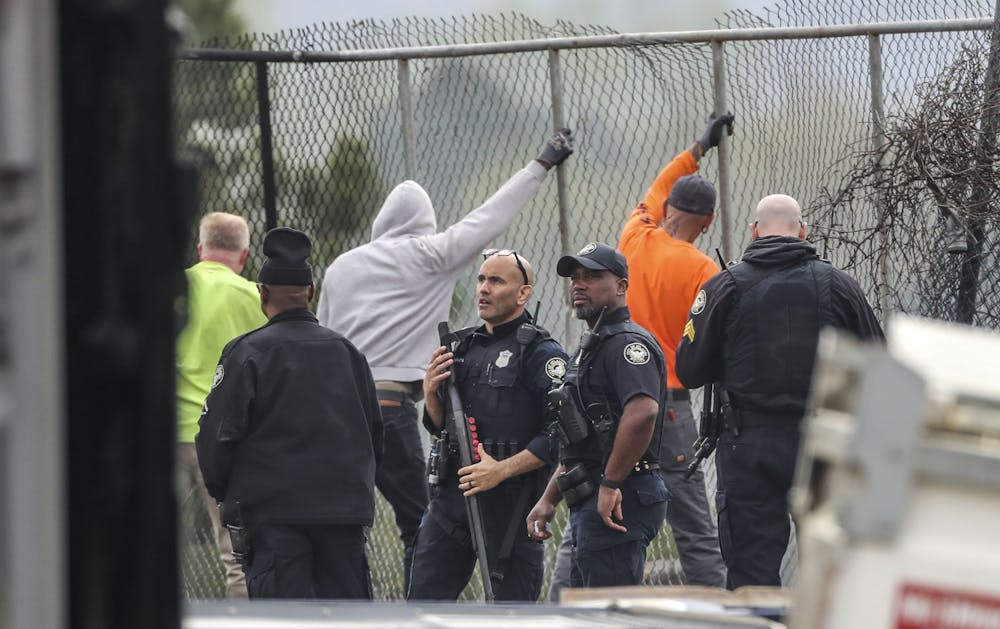 <p>Atlanta police and construction personnel were on the construction site of the police training center Monday morning, March 6, 2023, in Atlanta examining equipment set on fire and destroyed by violent protests Sunday. A Bloomington activist is facing a preliminary charge of domestic terrorism after being arrested during a protest in Atlanta on March 6, 2023.</p>