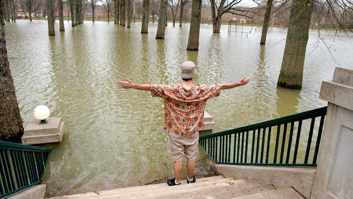 "I'm the king of the world!" Scott exclaimed while overlooking the flooded grounds of the West Baden Springs Hotel.