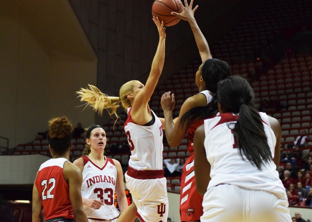 Senior guard Tyra Buss takes a shot against Western Kentucky on Nov. 17 at Simon Skjodt Assembly Hall. Buss and the Hoosier will play their highest-ranked opponent of the season Thursday night when No. 4 Louisville comes to Bloomington.