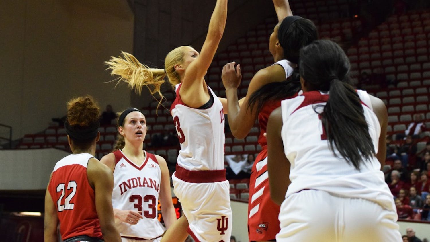 Senior guard Tyra Buss takes a shot against Western Kentucky on Nov. 17 at Simon Skjodt Assembly Hall. Buss and the Hoosier will play their highest-ranked opponent of the season Thursday night when No. 4 Louisville comes to Bloomington.