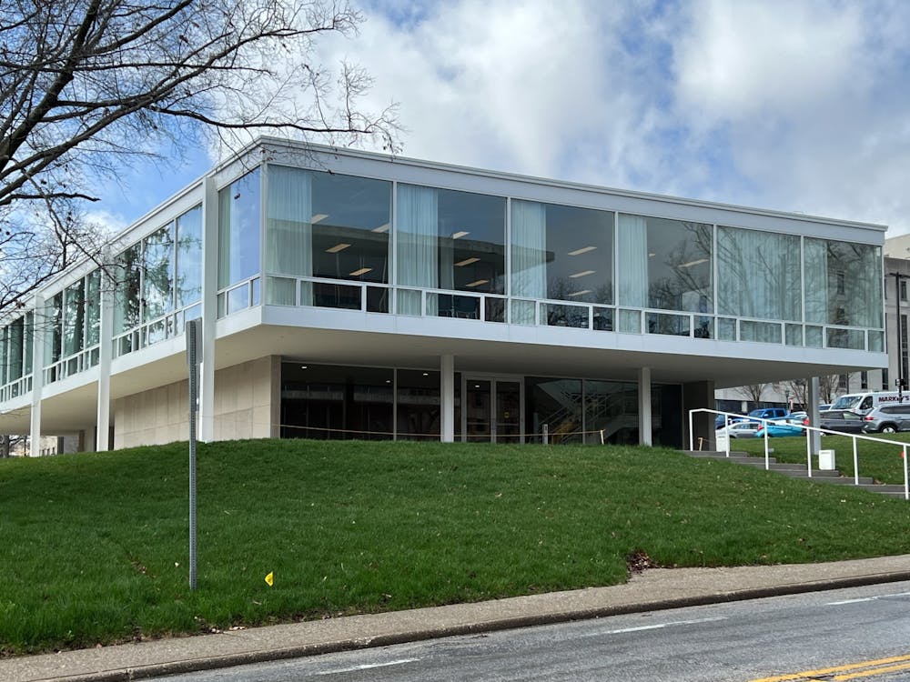 The Mies van der Rohe Building is seen April 6, 2022. The building has a storied history at the university and is featured in the &quot;Mies in Indiana&quot; display in the Grunwald Gallery of Art.