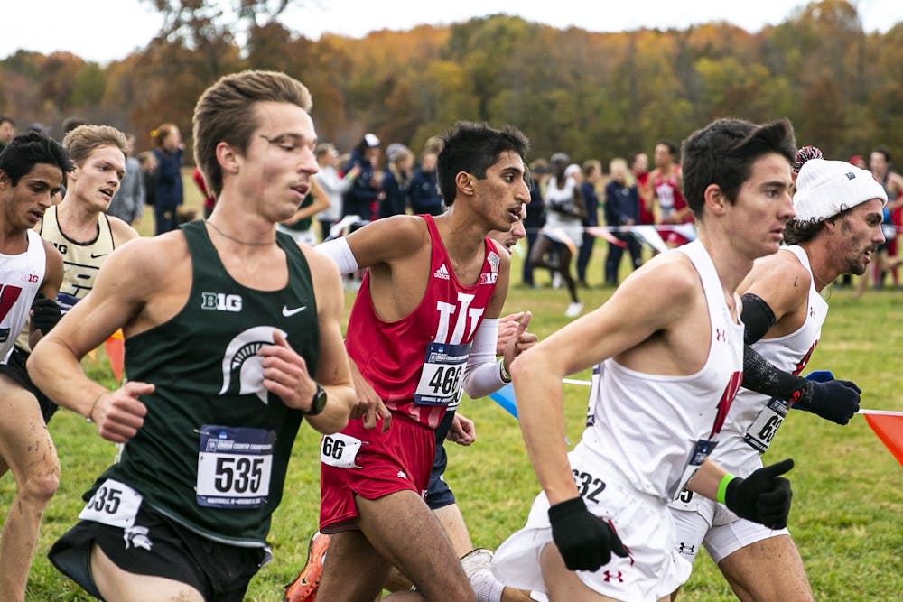 Arjun Jha of the Indiana Hoosiers runs in the NCAA Great Lakes Regional in Evansville, Indiana. Jha finished 176th in the NCAA National Championships.