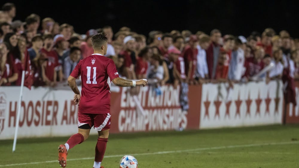 Senior Nyk Sessock dribbles the ball on September 3rd, 2021, at Bill Armstrong Stadium. Indiana men&#x27;s soccer will face Saint Louis University in the second round of the NCAA Tournament on Sunday.