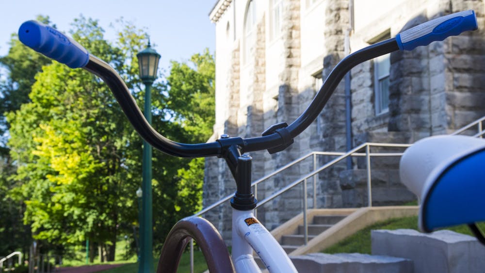 A bike is locked to a rack Sept. 3, 2019, outside Franklin Hall. Multiple cyclists were injured in a crash March 4, 2023, during the Candy Stripe Classic, a bike race for collegiate teams.