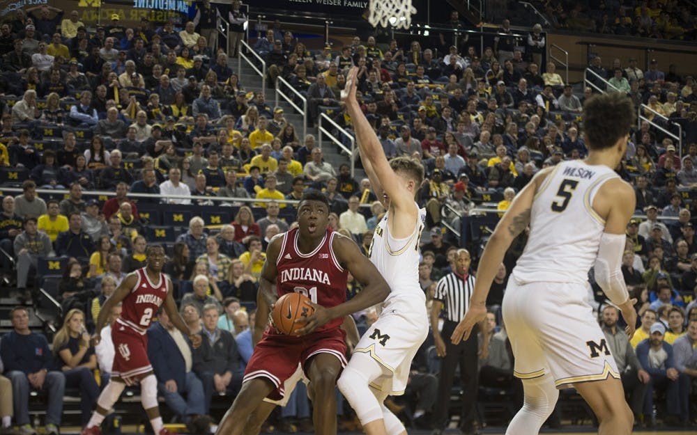 Sophomore forward Thomas Bryant prepares to go up for a shot&nbsp;in a loss&nbsp;Thursday at Michigan.
