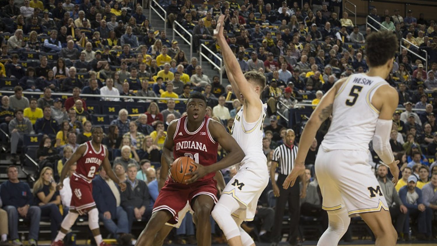 Sophomore forward Thomas Bryant prepares to go up for a shot in a loss Thursday at Michigan.
