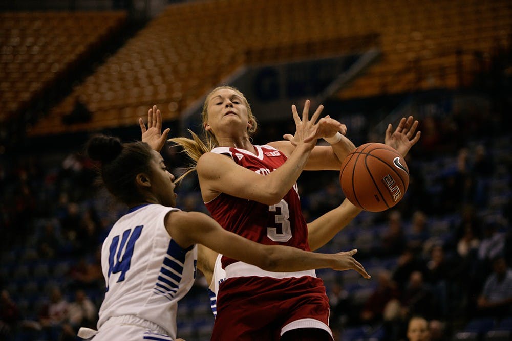 Sophomore guard Tyra Buss loses the ball as she goes for a layup against Indiana State. Buss led the Hoosiers in scoring with 15 points against the Sycamores, helping IU improve its record to 6-2. 
