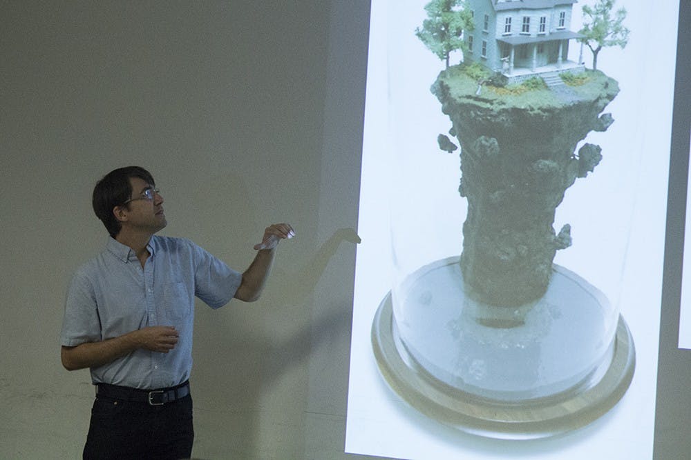 Sculptor Thomas Doyle speaks about some of his works and how they are created in a lecture on Friday in the School of Fine Arts. The lecture was given in conjunction with The Miniature exhibition at The Grunwald.