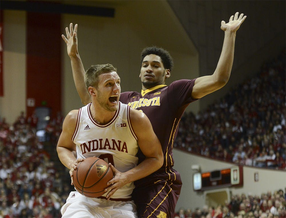Redshirt-senior Max Biefeldt drives to the basket during the game against Minnesota on Saturday at Assembly Hall. The Hoosiers won 74-48.