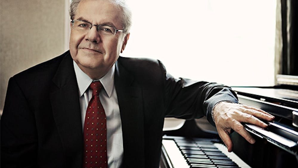 Pianist Emanuel Ax appears on a promotional flyer. Ax will perform at 7:30 p.m. on April 25, 2023, at IU Auditorium.