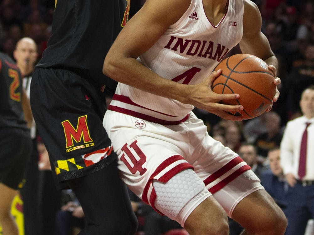 IU freshman Trayce Jackson-Davis goes up for a layup against University of Maryland sophomore Jalen Smith. Jackson-Davis scored 7 points in IU’s 75-59 loss to the University of Maryland on Saturday, January 4 in College Park, MD. 