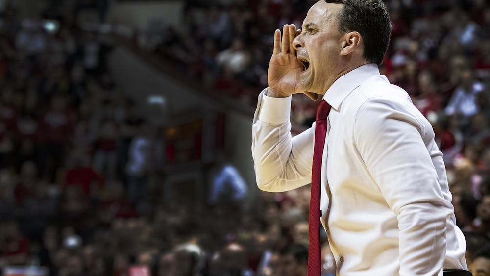 Archie Miller, then-head coach for Indiana men&#x27;s basketball, yells during the second half against Princeton University on Nov. 20, 2019, at Simon Skjodt Assembly Hall. Miller&#x27;s departure came after the 2020-21 season’s dismal 12-15 record.