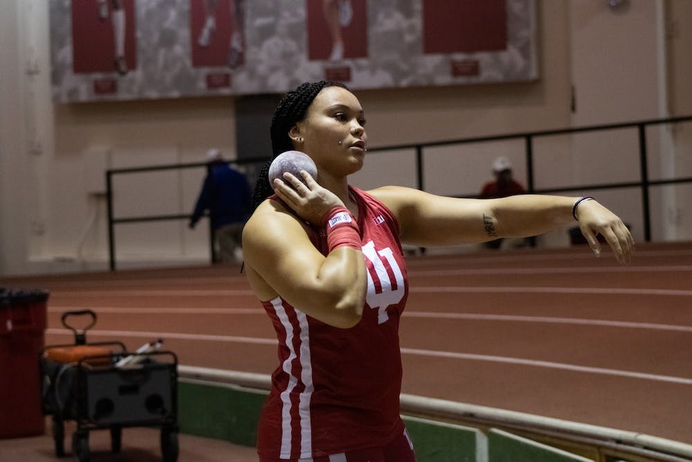 <p>Freshman Jayden Ulrich competes in the shot put event at the Hoosier Hills meet Feb. 11, 2022, at the Harry Gladstein Fieldhouse. Indiana track and field had strong showings in California and Tennessee over the weekend.</p>