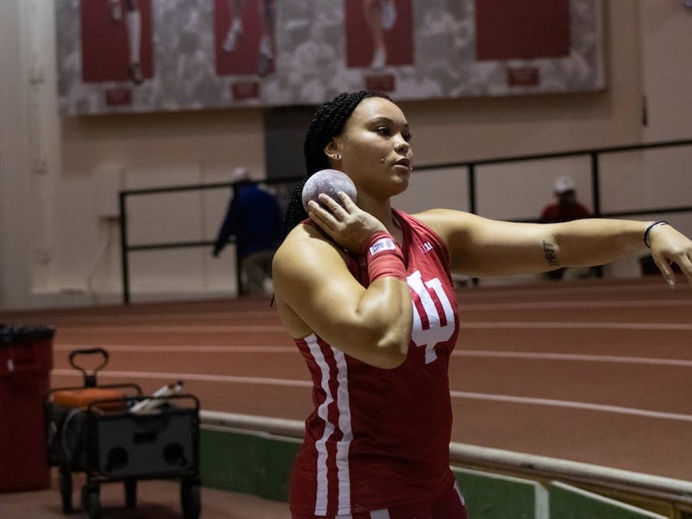 Freshman Jayden Ulrich competes in the shot put event at the Hoosier Hills meet Feb. 11, 2022, at the Harry Gladstein Fieldhouse. Indiana track and field had strong showings in California and Tennessee over the weekend.