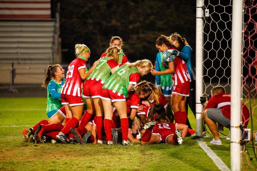 <p>IU storms the field and celebrates their victory Sept. 13 at Bill Armstrong Stadium. IU beat Michigan in overtime, 3-2.<br>
</p>
