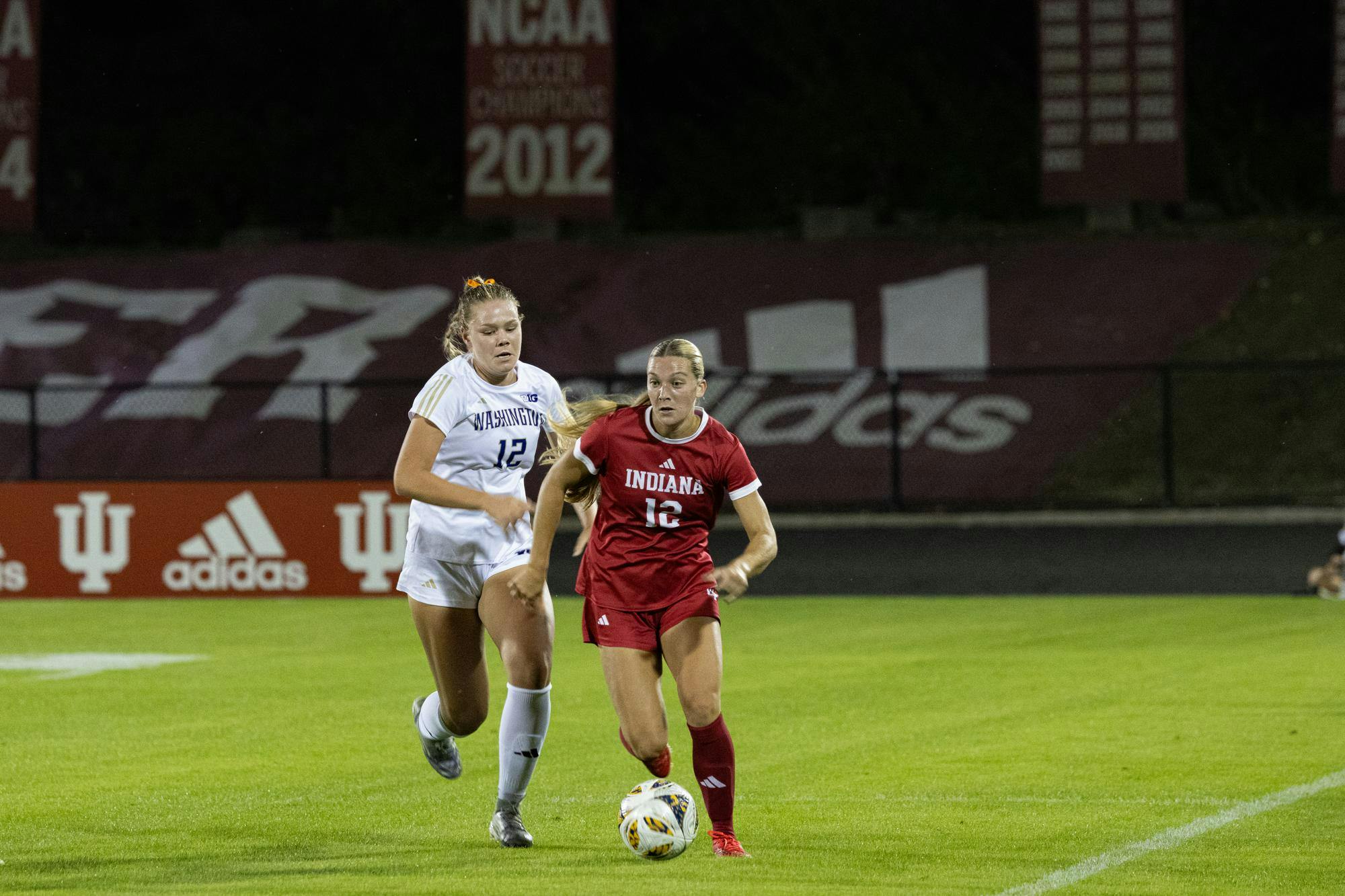 Senior forward Marisa Grzesiak attempts to keep the ball away from the Washington Huskies on Sept. 25, 2025, at Bill Armstrong Stadium in Bloomington. Grzesiak has been playing for the Hoosiers since her freshman year.