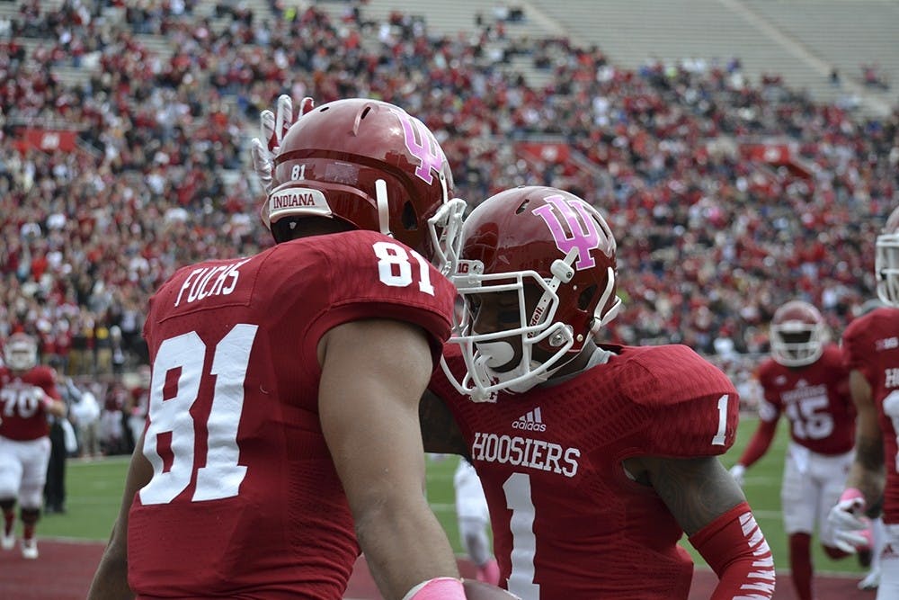 Wide reciever Shane Wynn (right) finished the 40-yard dash with a time of 4.29 seconds during IU football Pro Day on Monday. 